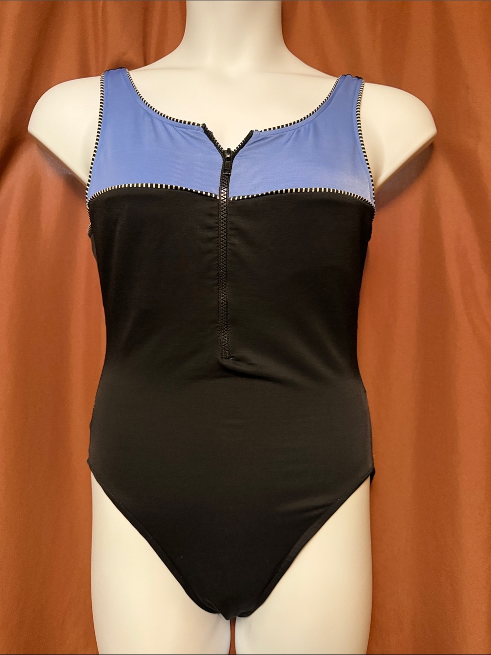 Miraclesuit Black and Periwinkle Zip-Front One-Piece Swimsuit
